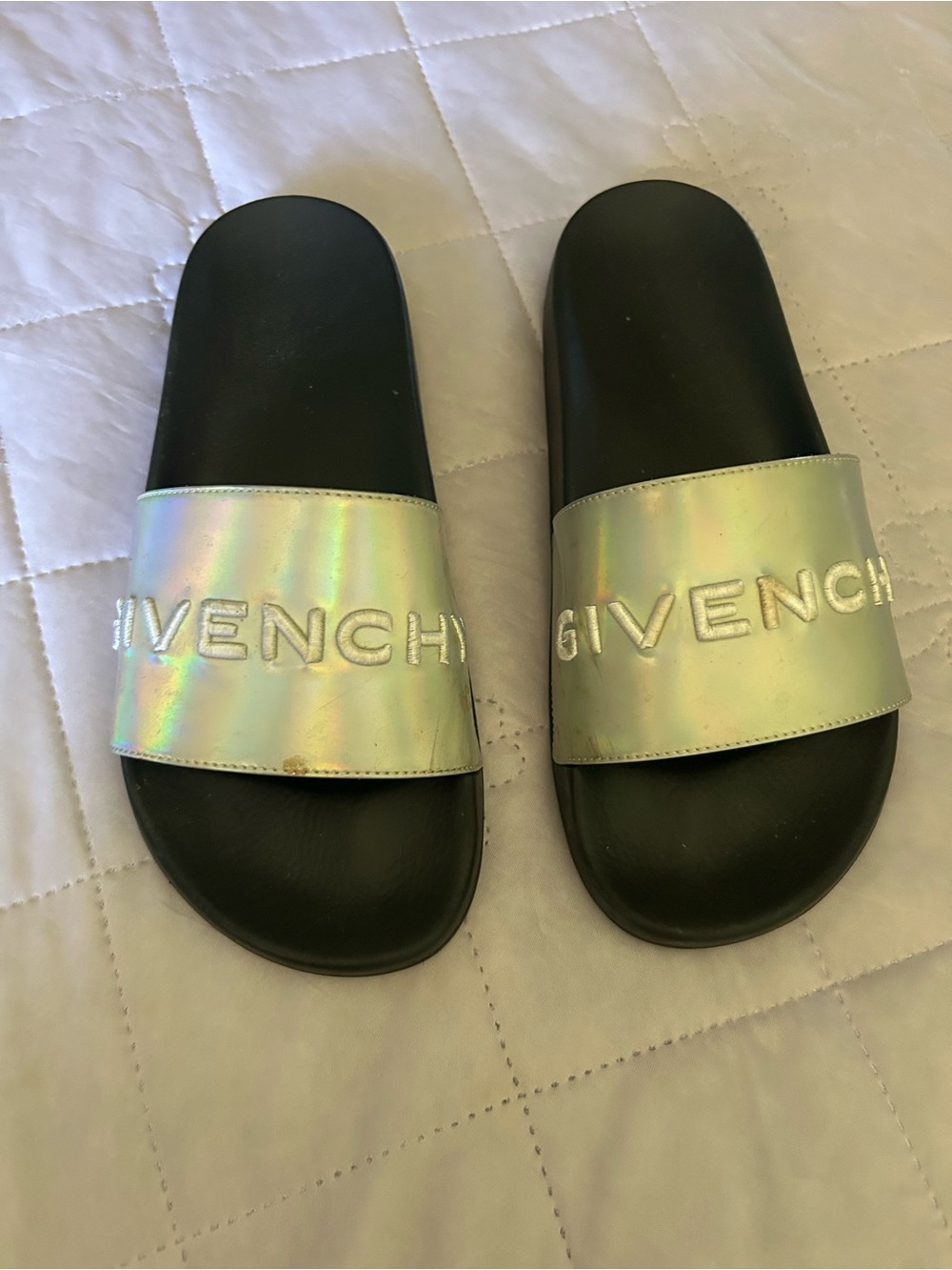 Givenchy Black Slides with Iridescent Holographic Strap